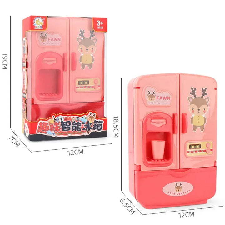Pink toy refrigerator with deer design and packaging, showing dimensions.