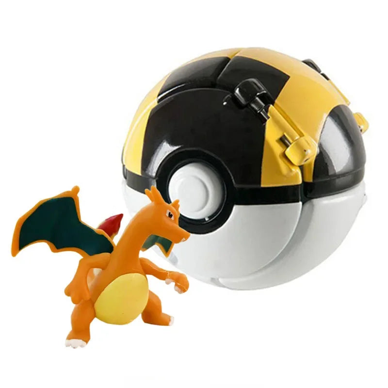Toy Charizard figure next to a Poké Ball on a white background.