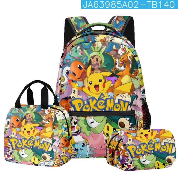 Pokémon-themed backpack, lunch bag, and pencil case set on a white background.