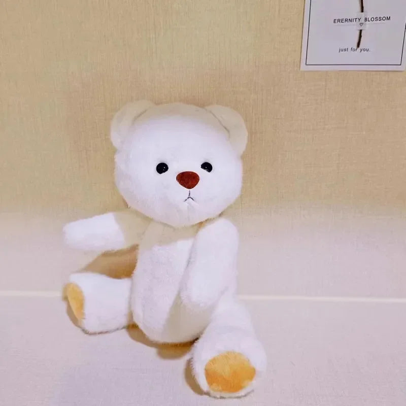 White teddy bear with brown paws on a light background.