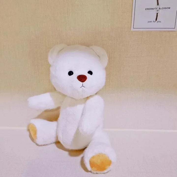 White teddy bear with brown paws on a light background.