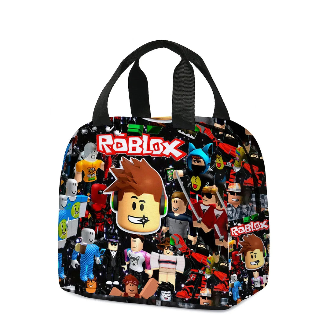 Tote bag with Roblox characters and logo on a black background.