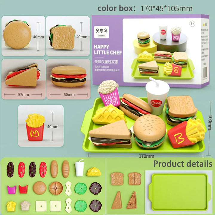 Toy food set with packaging and dimensions on a light blue background.
