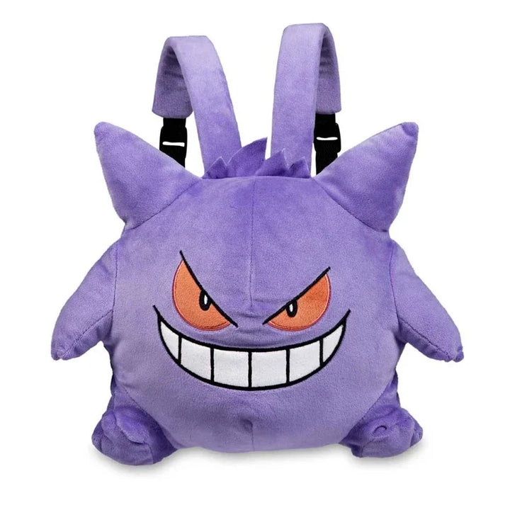 Purple backpack with cartoonish face design on a white background.