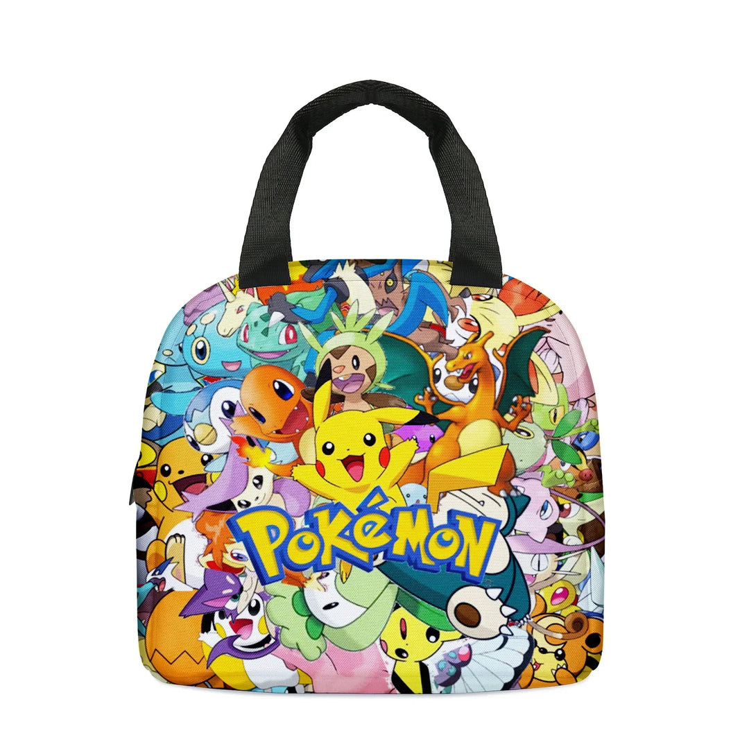 Pokemon-themed bag with various characters on a white background.