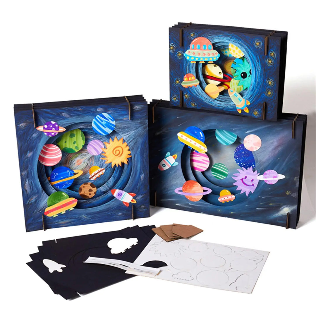 Children's educational kit with space-themed cards and craft materials on a white background.