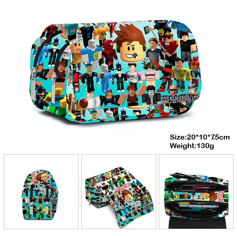 Multicolored pouch with character pattern, size, weight, and additional views shown.