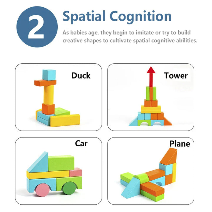 Educational diagram showing how babies build shapes to cultivate spatial cognitive abilities using colorful building blocks.
