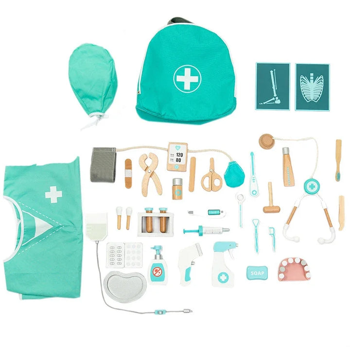 Collection of medical and dental tools with a teal bag featuring a white cross on a white background.
