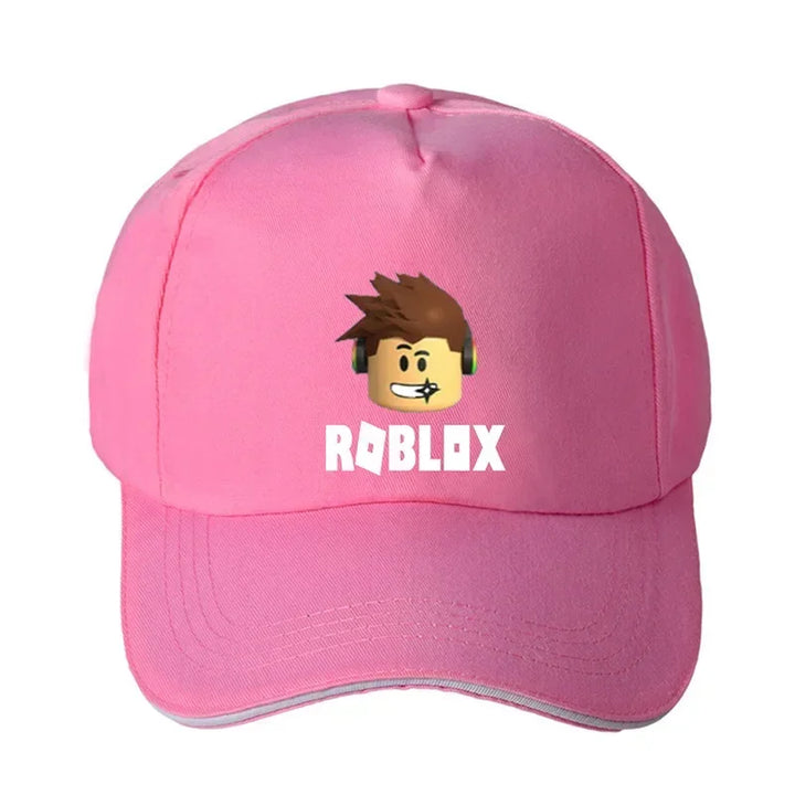 Pink cap with a Roblox logo on a white background.