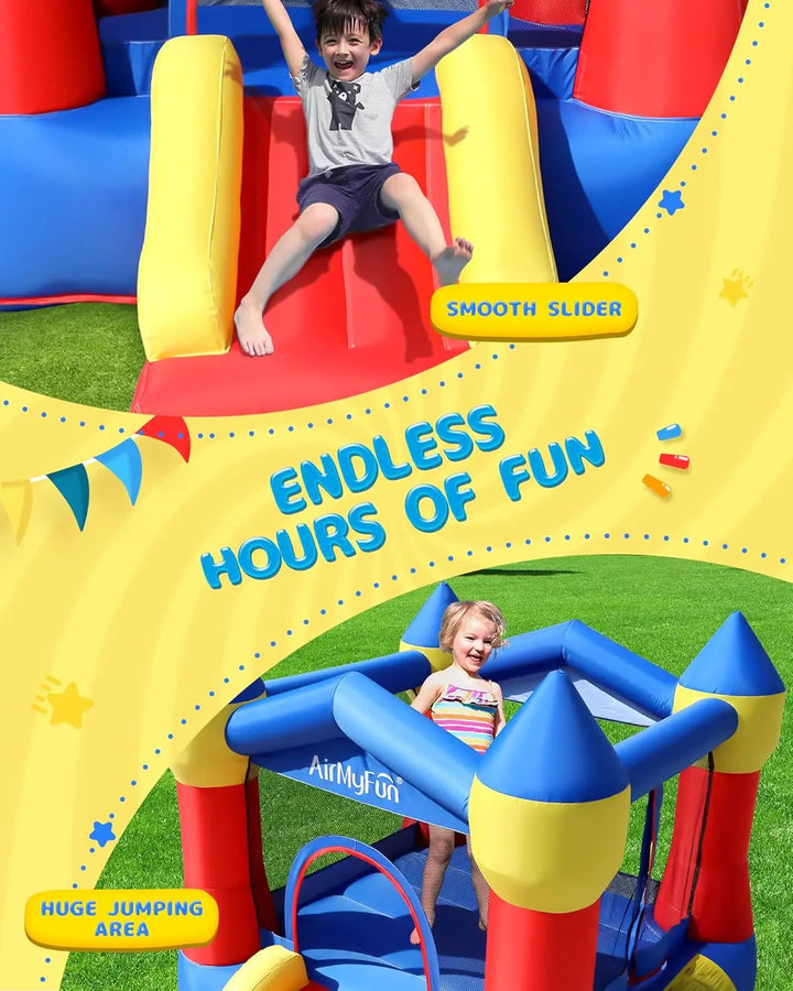 Children playing on a colorful inflatable playground slide with text 'Endless Hours of Fun and Smooth Slider.