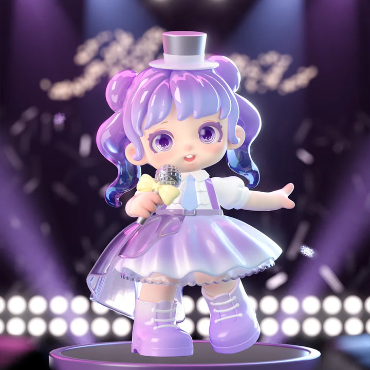 Animated character with purple hair and outfit on a stage with lights.