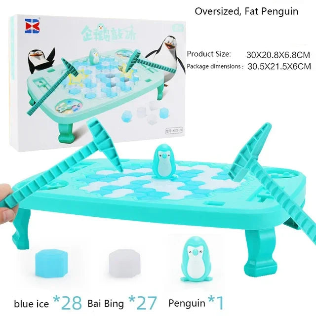 Teal penguin ice-breaking toy with packaging and product dimensions displayed.
