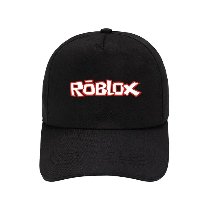 Black cap with red Roblox logo on a white background.