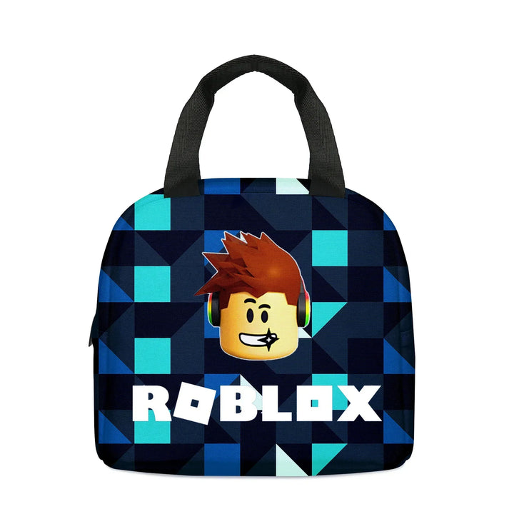Tote bag with Roblox character and logo on a geometric patterned background.