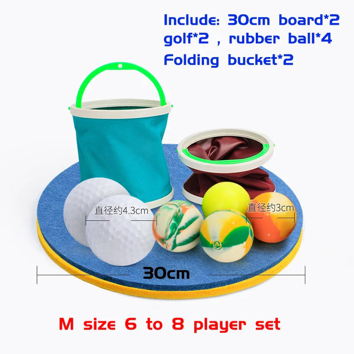 Training set with boards, golf balls, and a folding bucket on a white background.