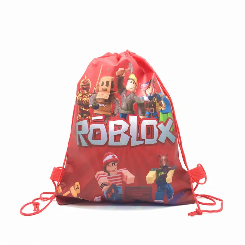 Red drawstring bag with Roblox characters and branding on a white background.