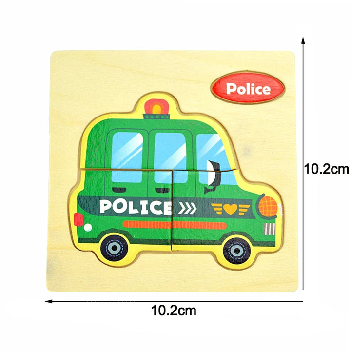 Wooden puzzle of a police car with dimensions indicated on a yellow background.