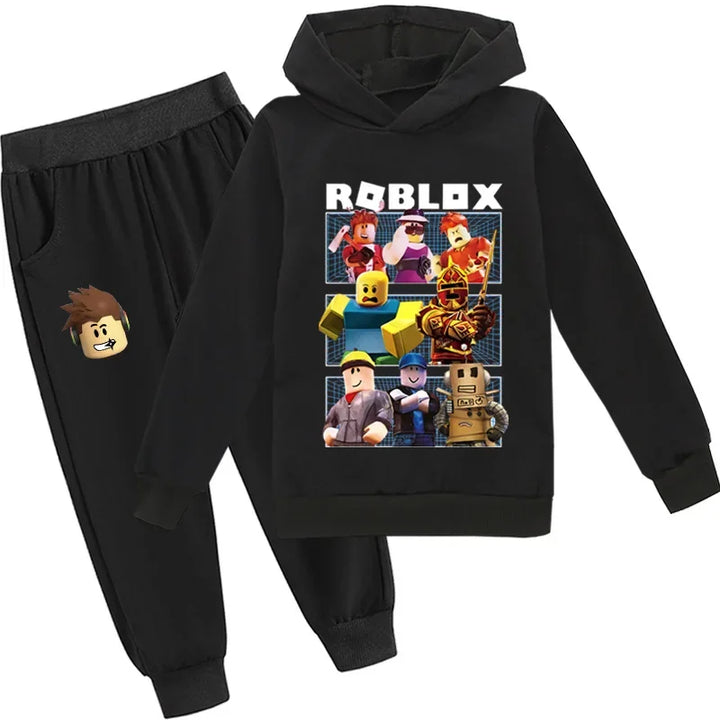Black hoodie and pants set with Roblox character design on a white background.