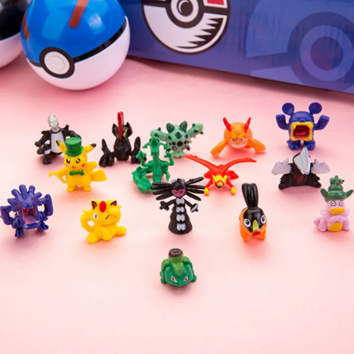 Collection of small colorful toy figures on a pink background with a Poké Ball and Poké Ball Plus in the background.