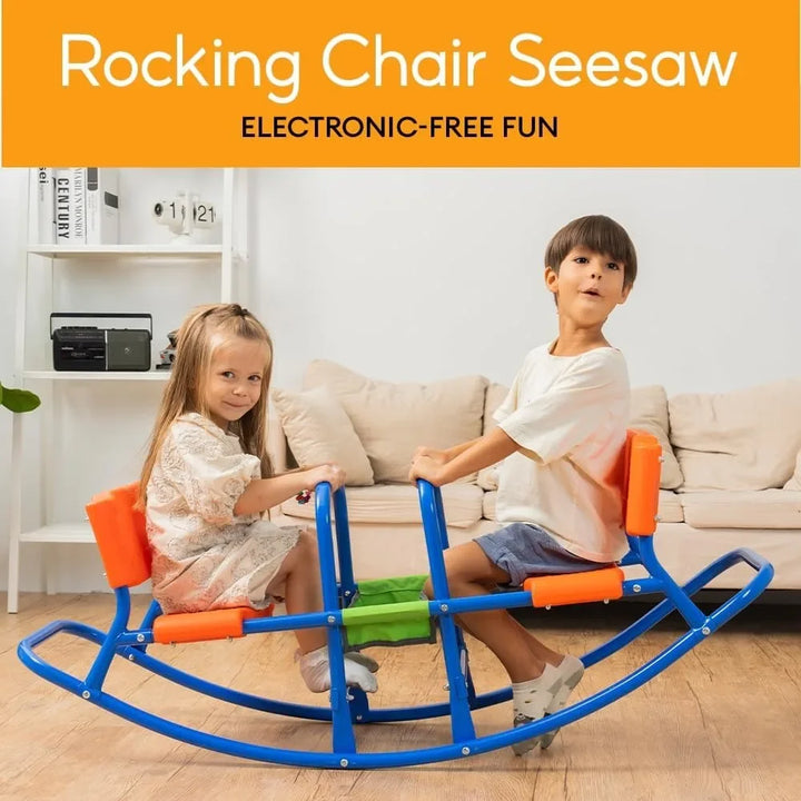 Two children playing on a rocking chair seesaw in a living room.