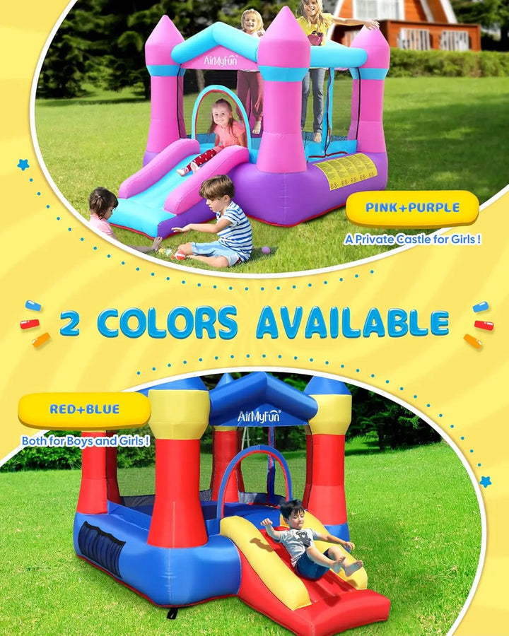 Inflatable play castle with slide for children, available in pink and purple, and red and blue.