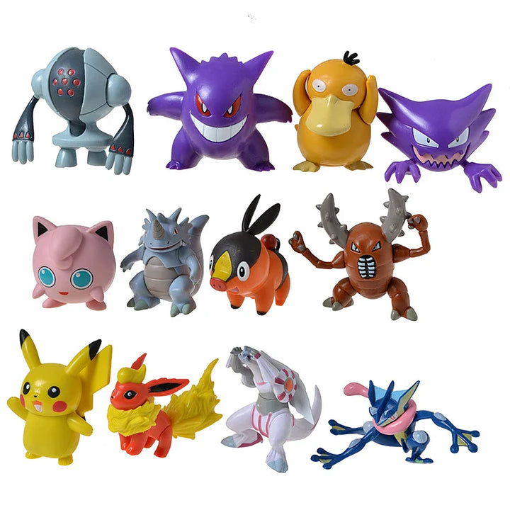 Collection of various cartoon character figurines on a white background.