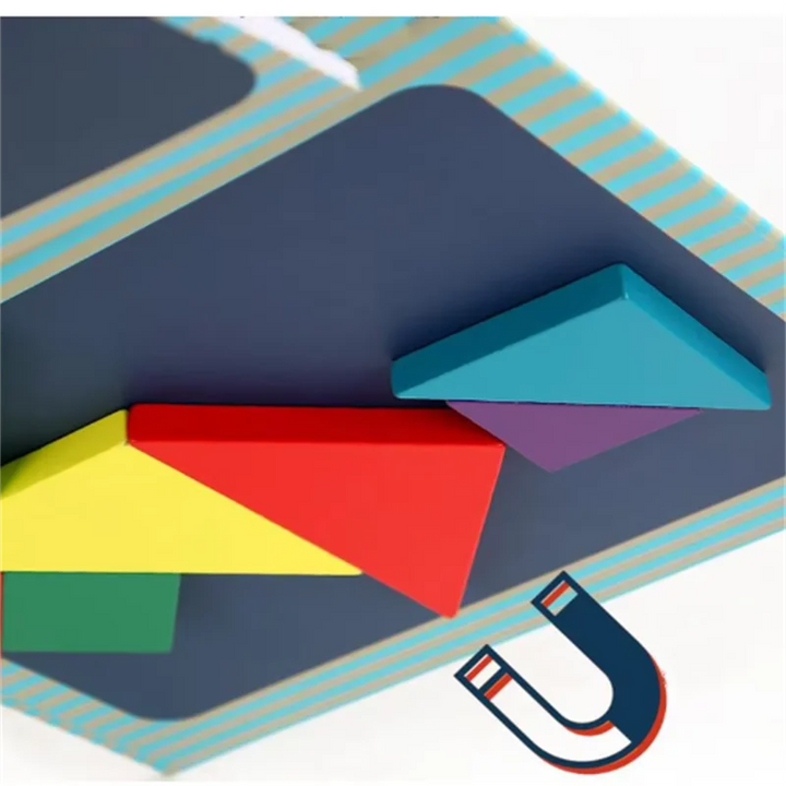 Colorful geometric shapes on a striped background with a magnet icon.