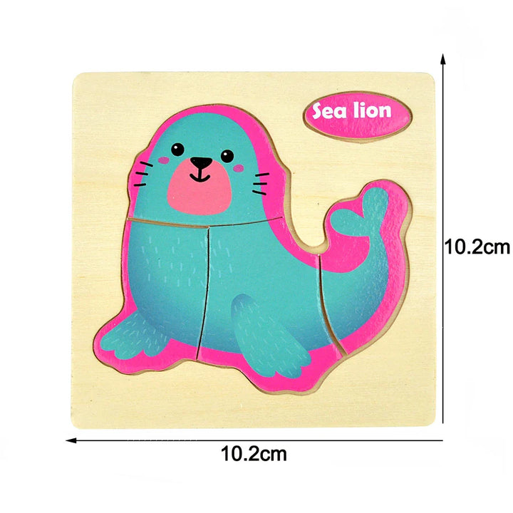Wooden sea lion puzzle with dimensions on a beige background.