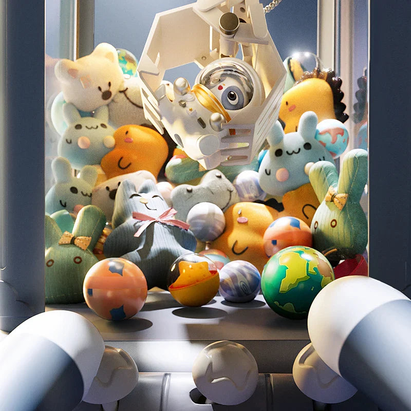 Collection of colorful plush toys in a display case.