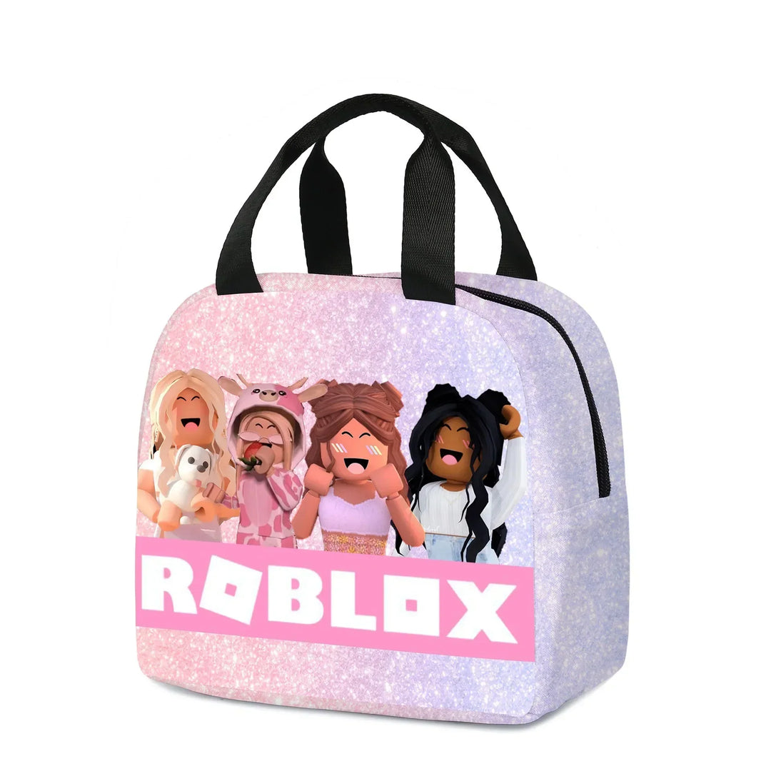 Glittery pink bag with Roblox characters and logo on a white background.