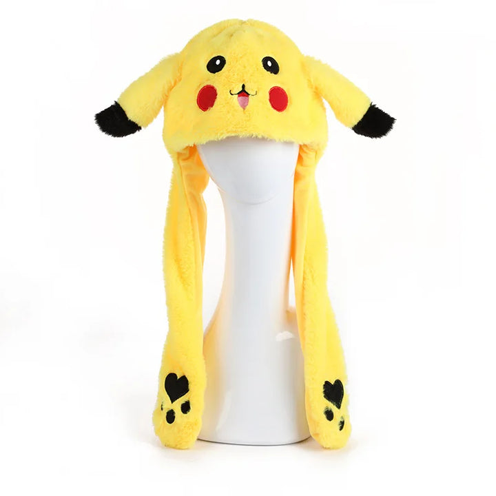 Yellow Pikachu costume hat on a white mannequin head against a white background.
