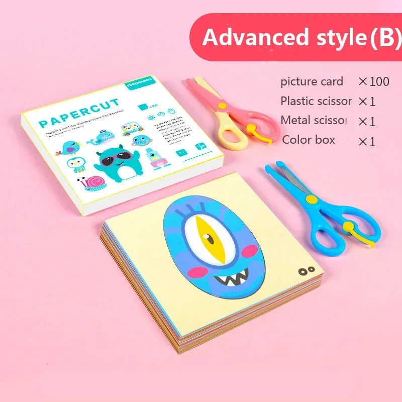 Children's craft kit with picture card, scissors, and color box on a pink background.