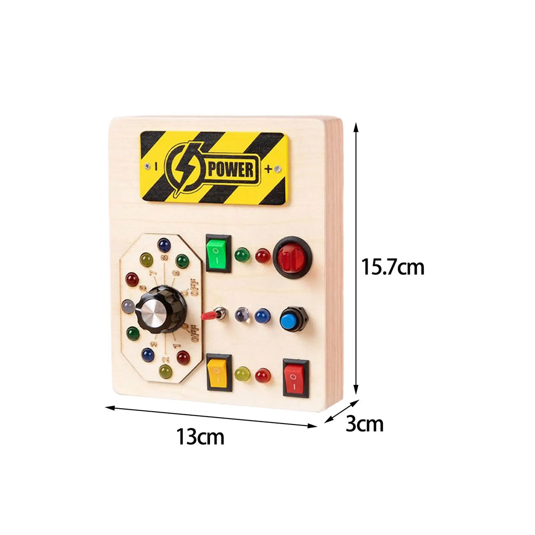 Wooden control panel with colorful buttons and a power symbol, showing dimensions on a white background.
