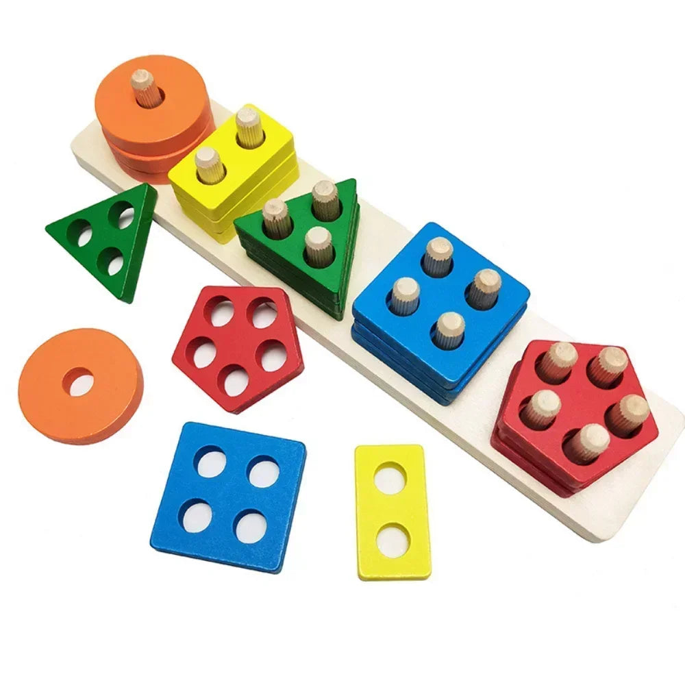 Colorful wooden geometric sorting toy on a white background.