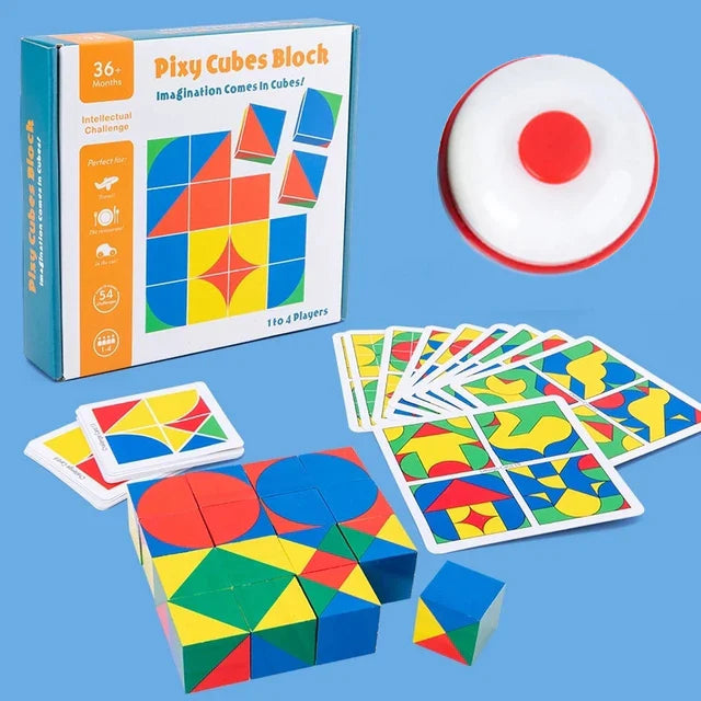 Colorful geometric puzzle blocks with packaging and a red and white disc on a blue background.