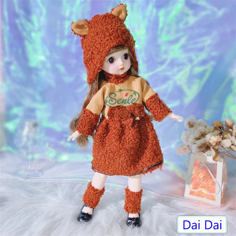 Doll in a fox-themed outfit with branding on a soft, blurred background.