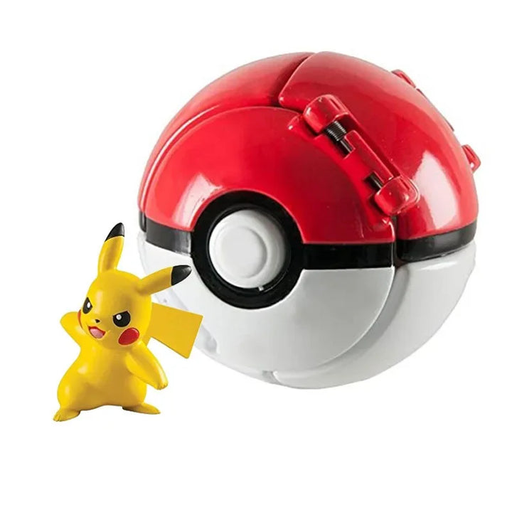 Red and white Poké Ball with a small yellow Pikachu figure on a white background.