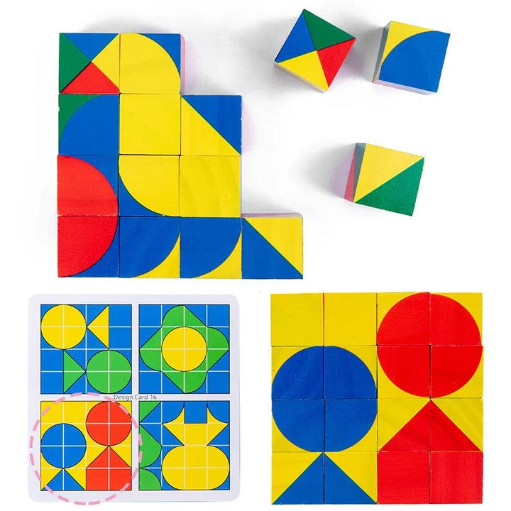 Colorful geometric puzzle pieces on a white background.