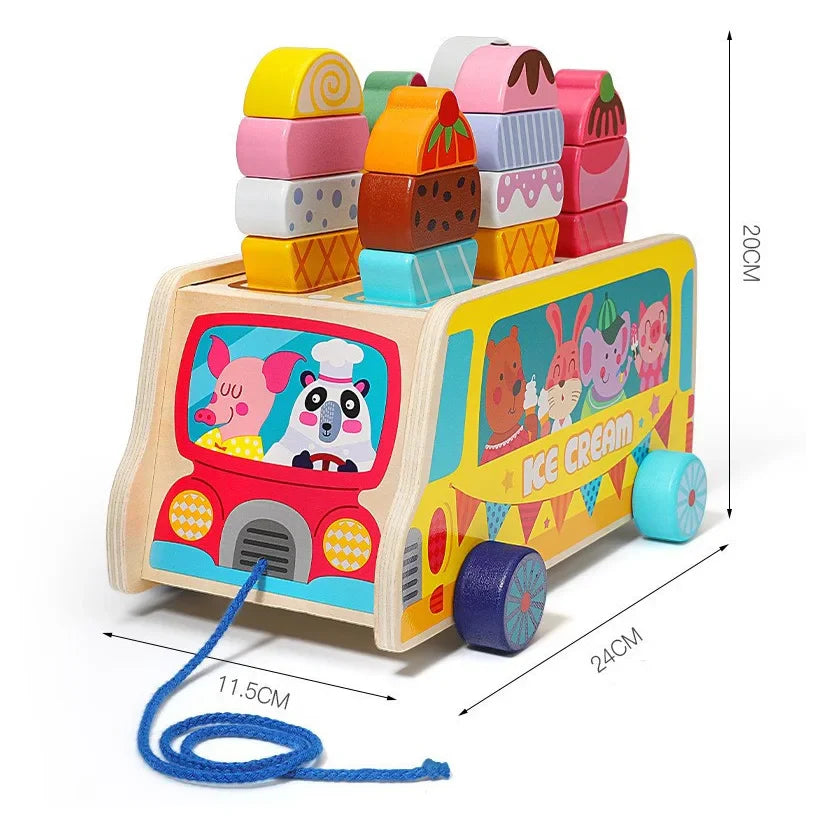 Colorful ice cream truck toy with wooden blocks on a white background.