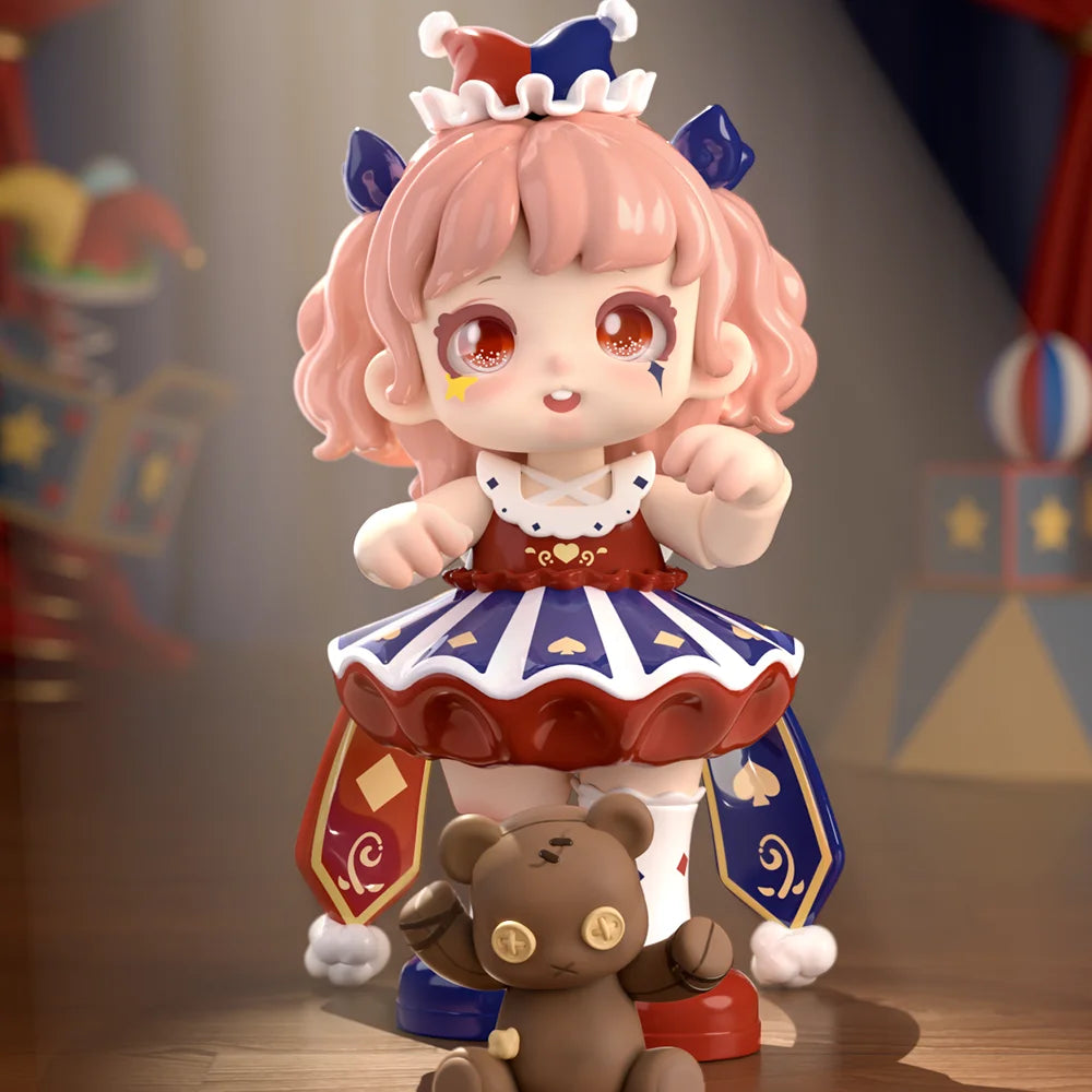Toy figure of a character with pink hair and a bear, set against a blurred background.
