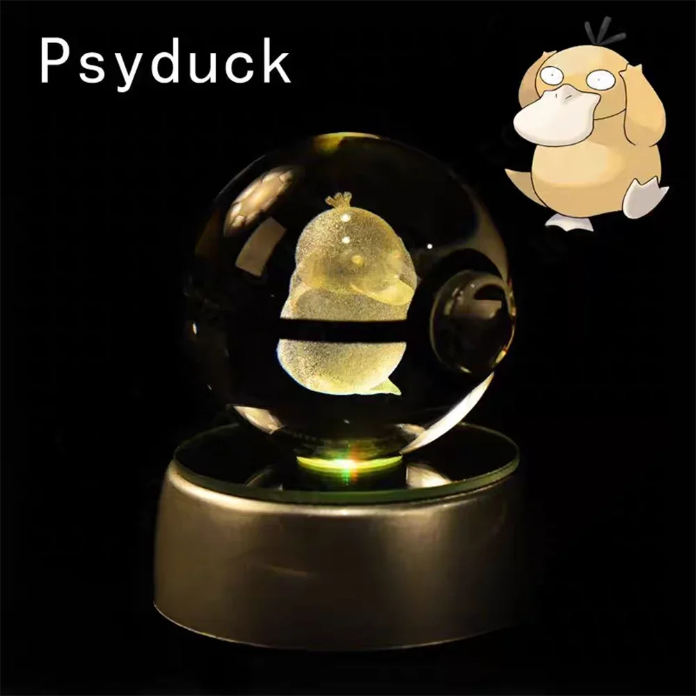 Glass ball with a Psyduck figure inside, featuring the Psyduck character above on a black background.