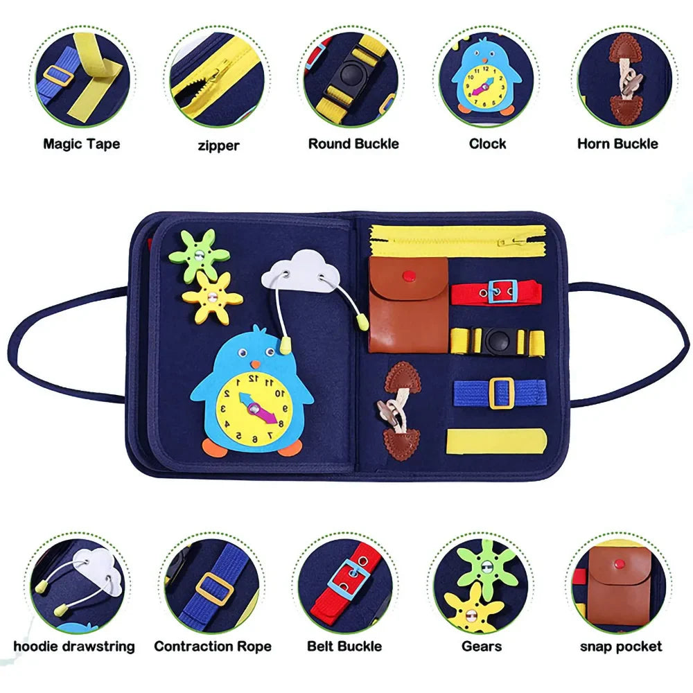 Children's educational tool kit with various components on a blue background.