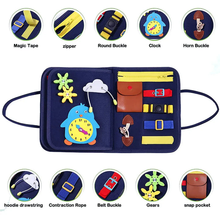 Children's educational tool kit with various components on a blue background.