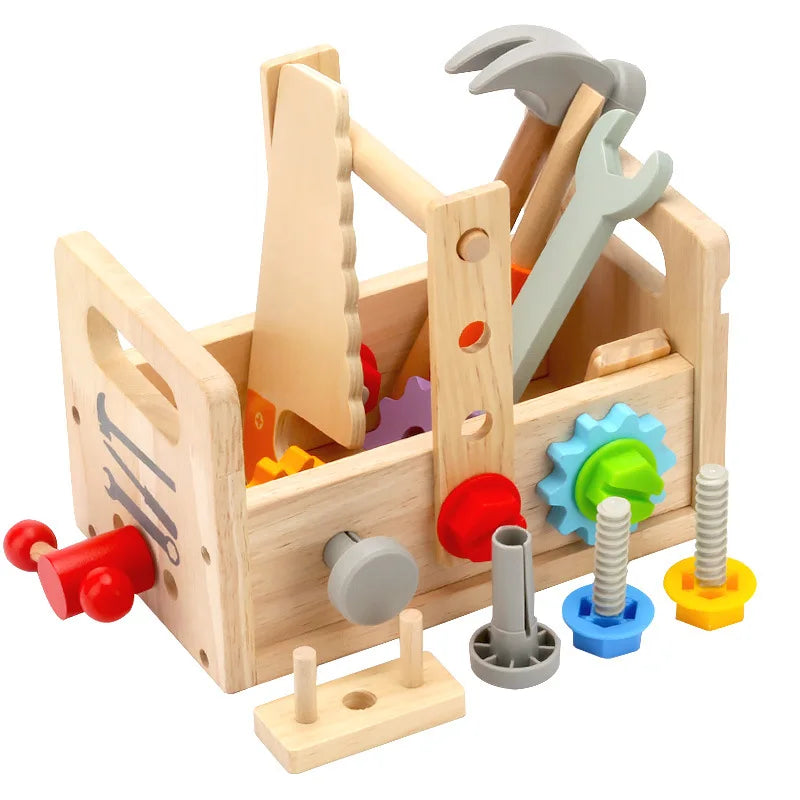 Wooden toy toolbox with colorful tools and components on a white background.