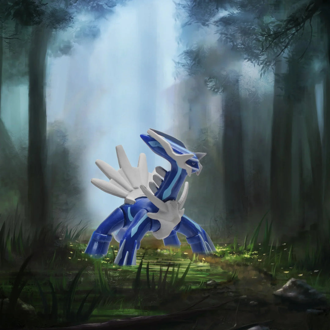 Blue and white dragon-like creature in a forest with a waterfall.