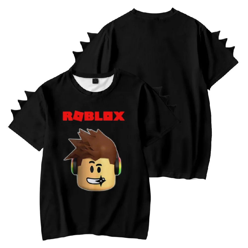 Black t-shirt with Roblox character design on a white background.