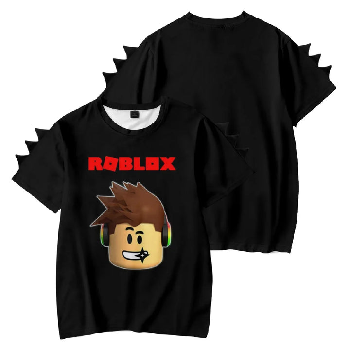 Black t-shirt with Roblox character design on a white background.