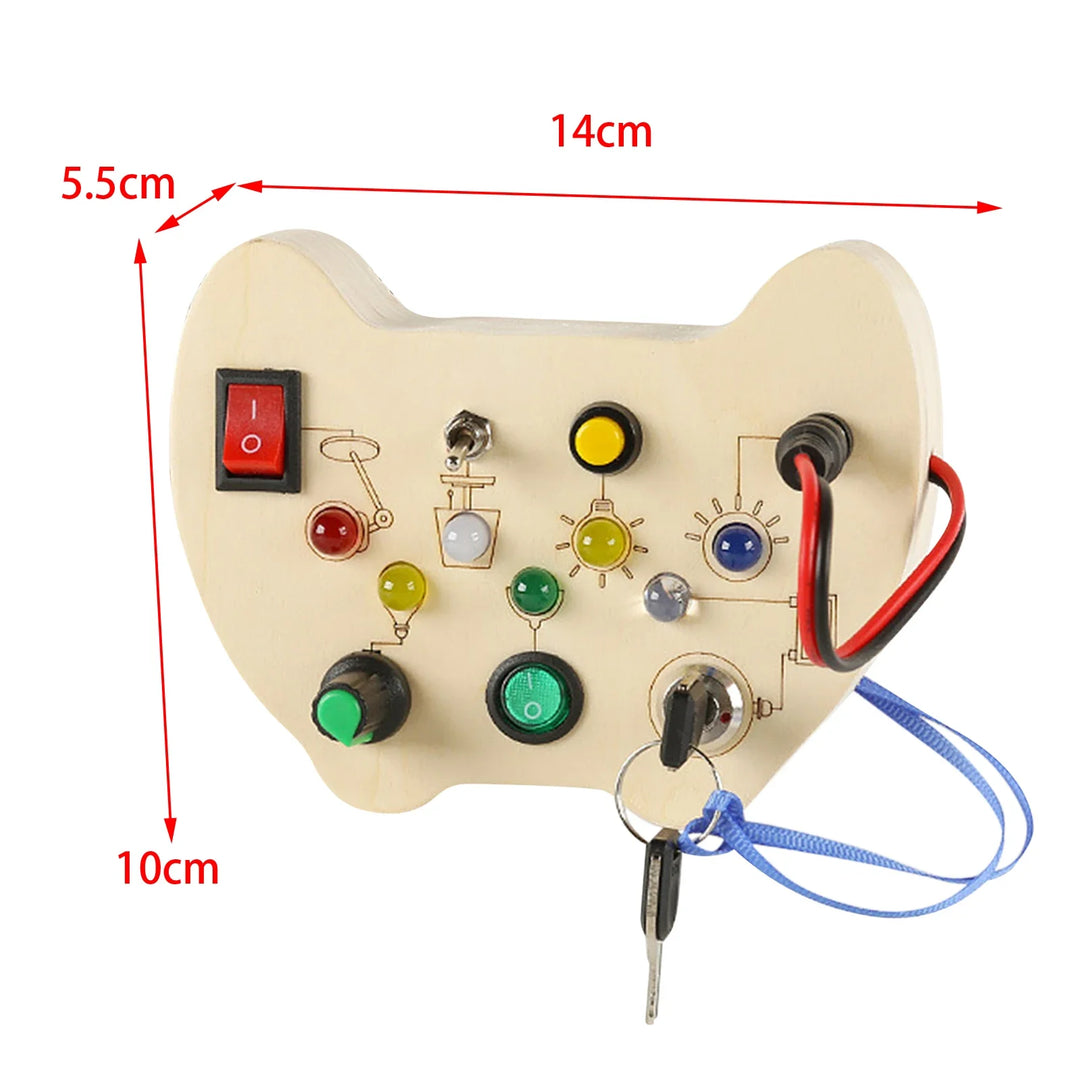 Control panel with buttons and a key, showing dimensions on a white background.