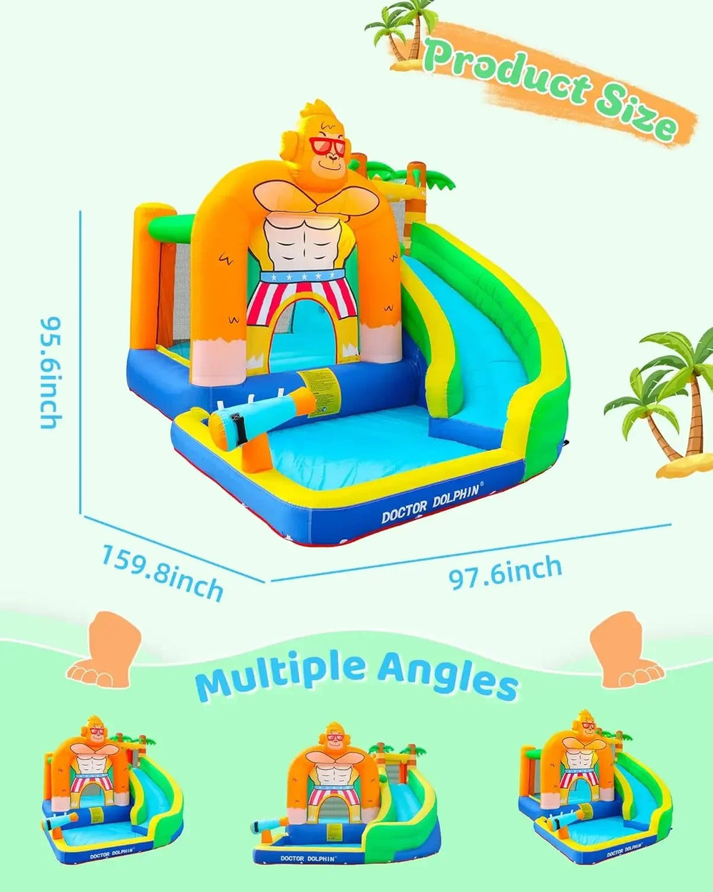 Dolphin Inflatable Water Slide Kids Water Park with Splash Pool and Long Slide.